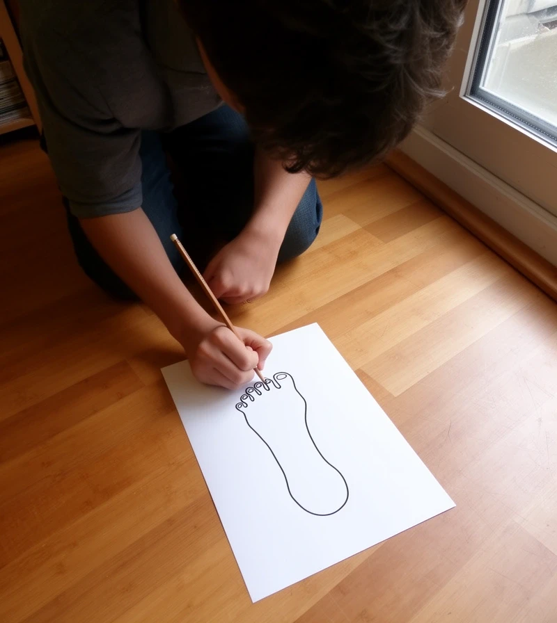 Persona dibujando con lápiz el contorno de un pie sobre una hoja