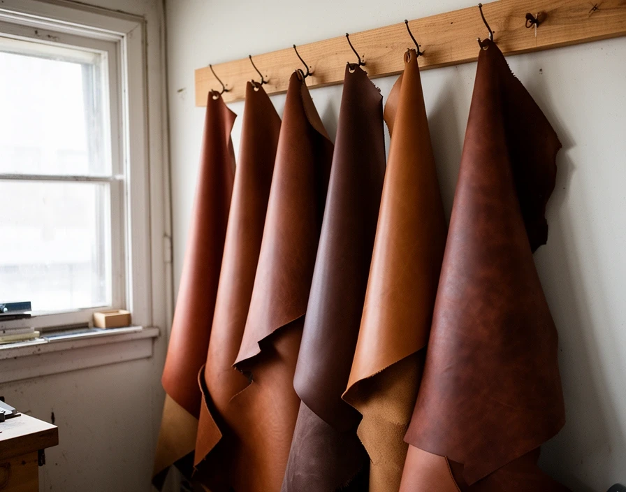 Medios cueros de vaqueta en distintos tonos colgados en el taller