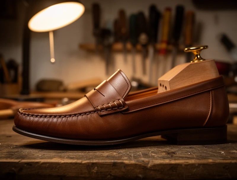 Mocasín de vaqueta calzado en una horma de madera