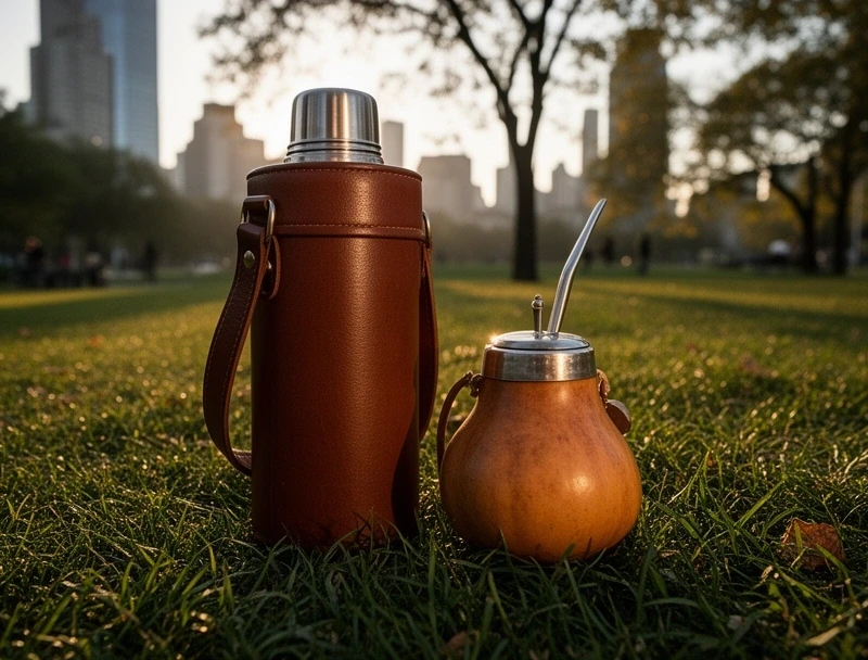 Portatermo de cuero con mate apoyado en el pasto de una plaza
