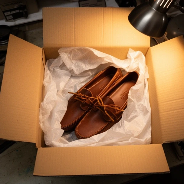 Par de mocasines de vaqueta embalados en papel antes de despacharse