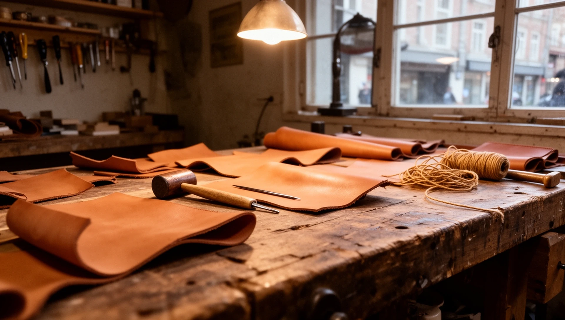 Mesa de trabajo del taller con cueros cortados y herramientas
